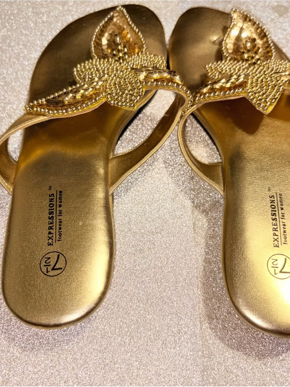 Metallic Gold Floral Sequin Slide Sandals- size 7.5